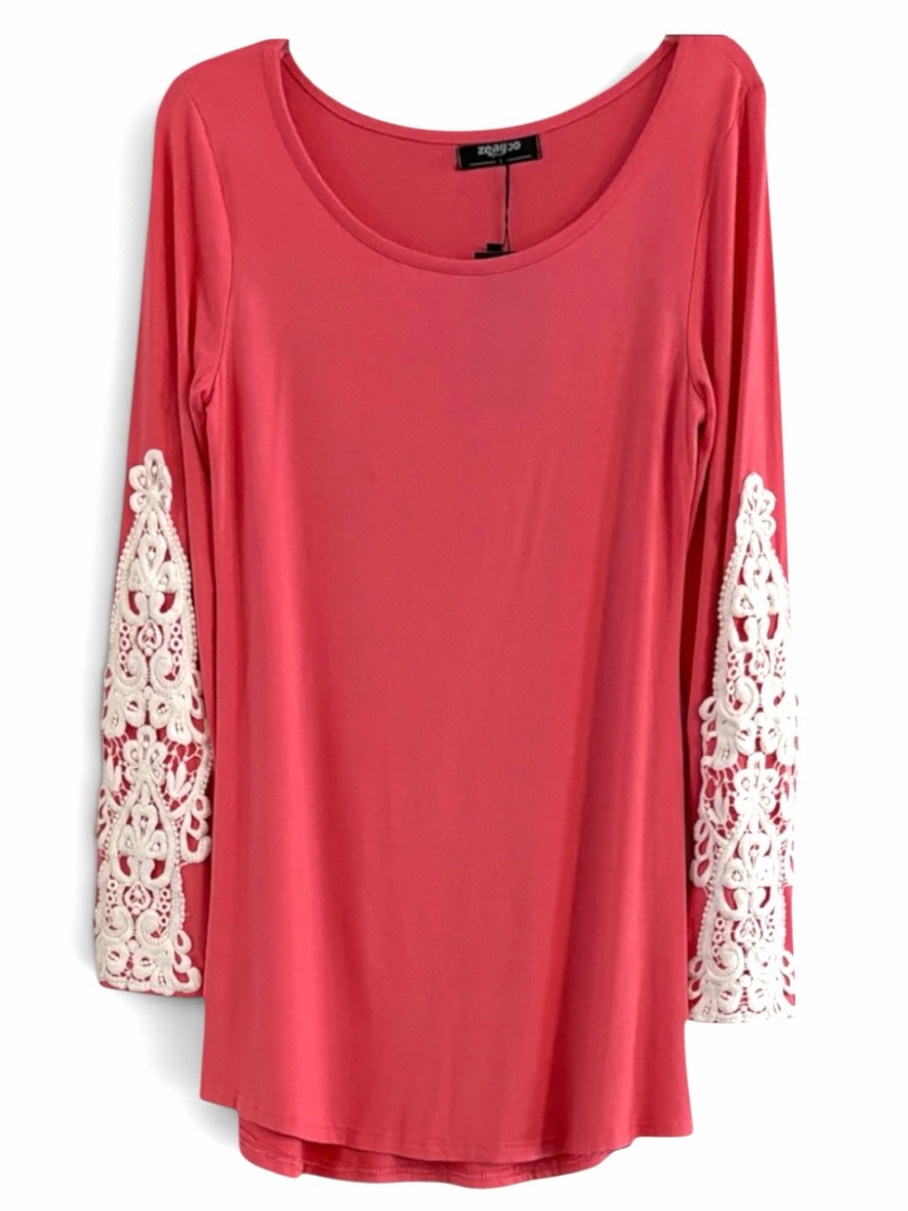 NWT Zeagoo Coral Pink Cotton Blend Crochet Lace Long Sleeve Tunic Top L